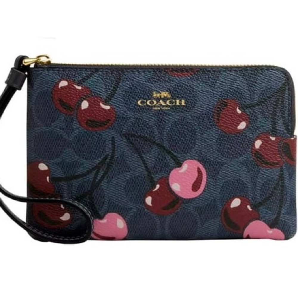 Coach Corner Zip Wristlet with Cherry Print Signature Canvas & Leather NWT